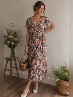 & Other Stories Floral Plisse Pleated Wrap Midi Dress Size 4